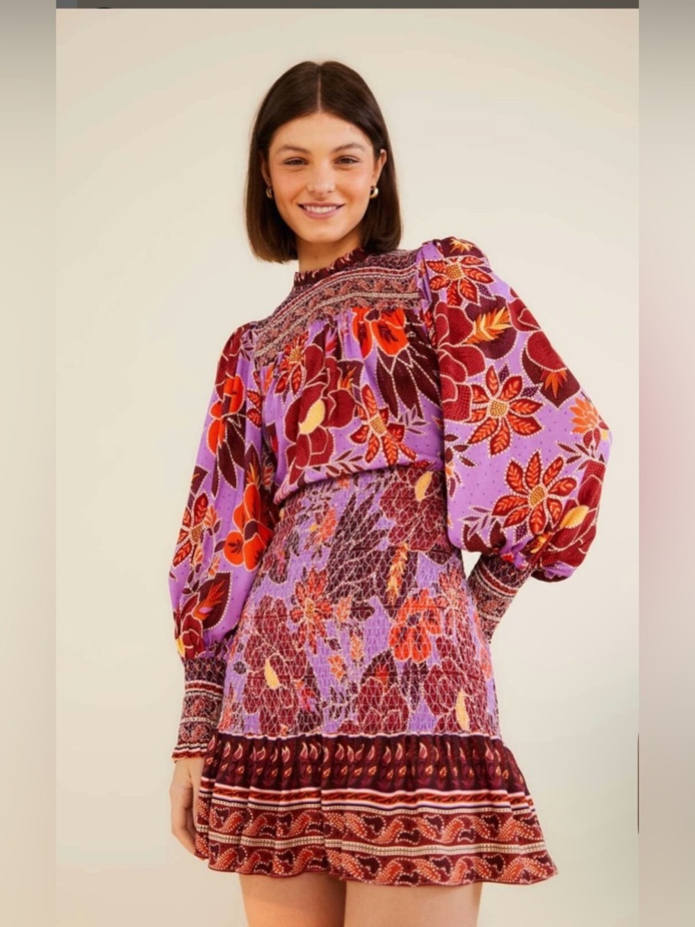 Farm Rio Sweet Floral Long Sleeve Minidress in t Sweet Floral Lilac medium - Picture 1 of 13
